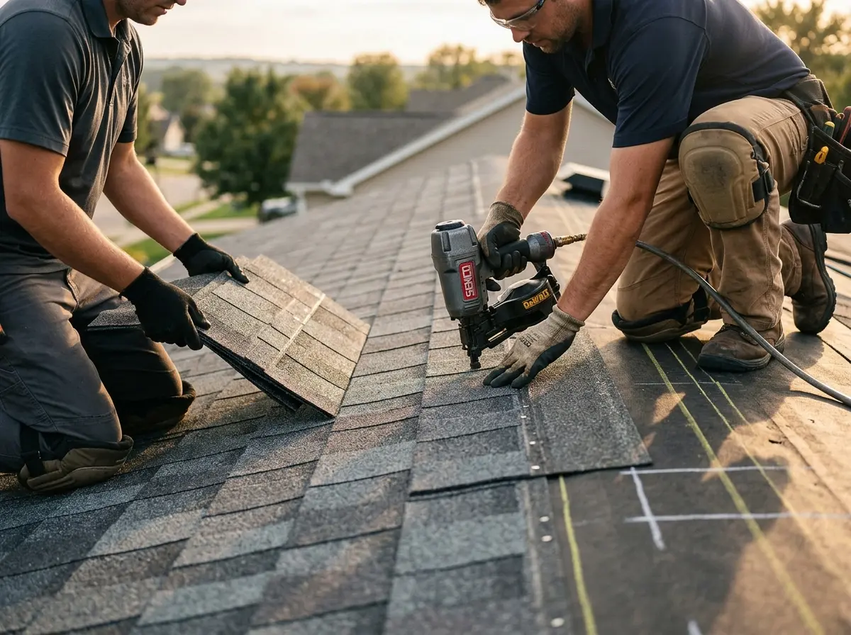 Professional roofer working on a residential roof in Anaheim